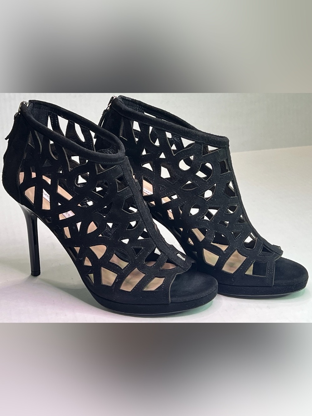 Diane Von Furstenberg DVF Black Suede Laser Cut Cage Zipper Stiletto Heels US 8B